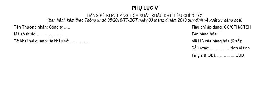 Mẫu bảng kê khai hàng hóa xuất khẩu đạt tiêu chí CTC