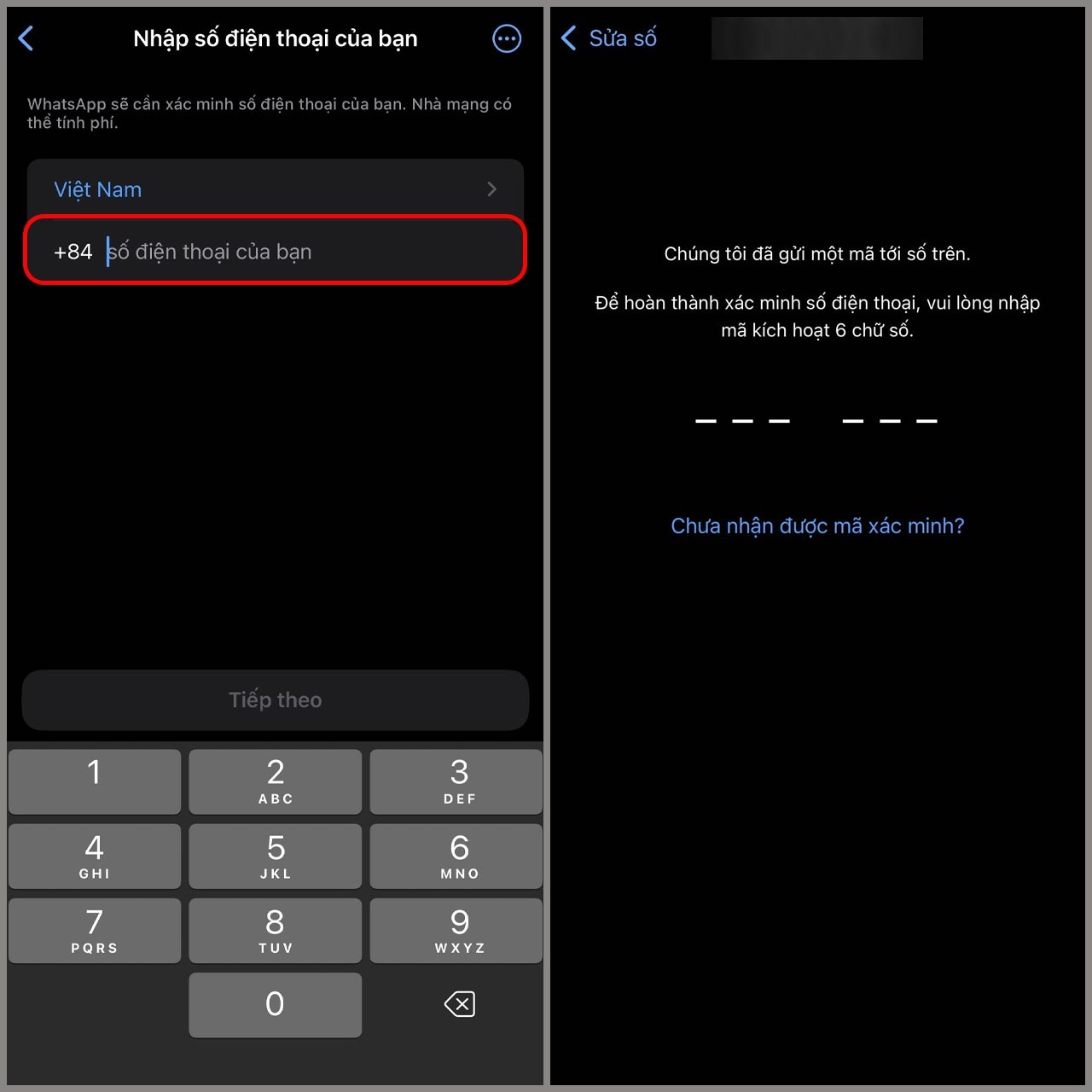 Nhập mã xác minh WhatsApp
